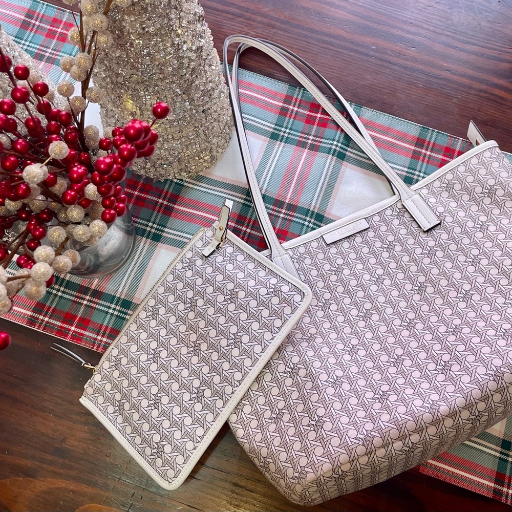 Tory Burch Elegant Patterned Tote Bag w/ removable tethered pouch!